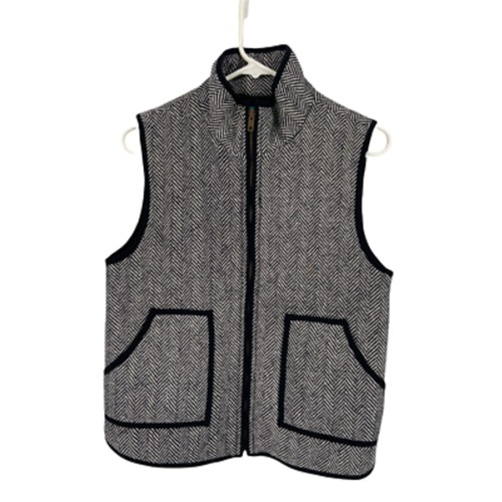 Buttons Women Black Tweed Herringbone Sleeveless‎ Full Zip Vest Medium